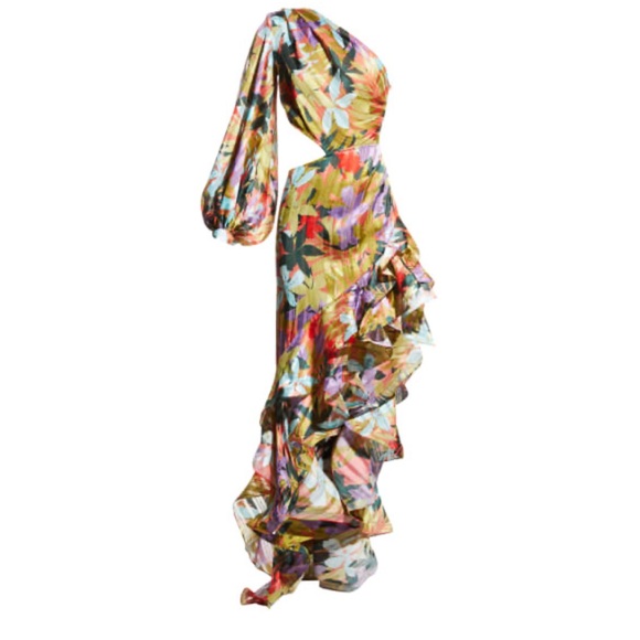 NWOT BRONX AND BANCO Tropics Violet One Sleeve Ruffle Maxi Dress - Picture 3 of 8